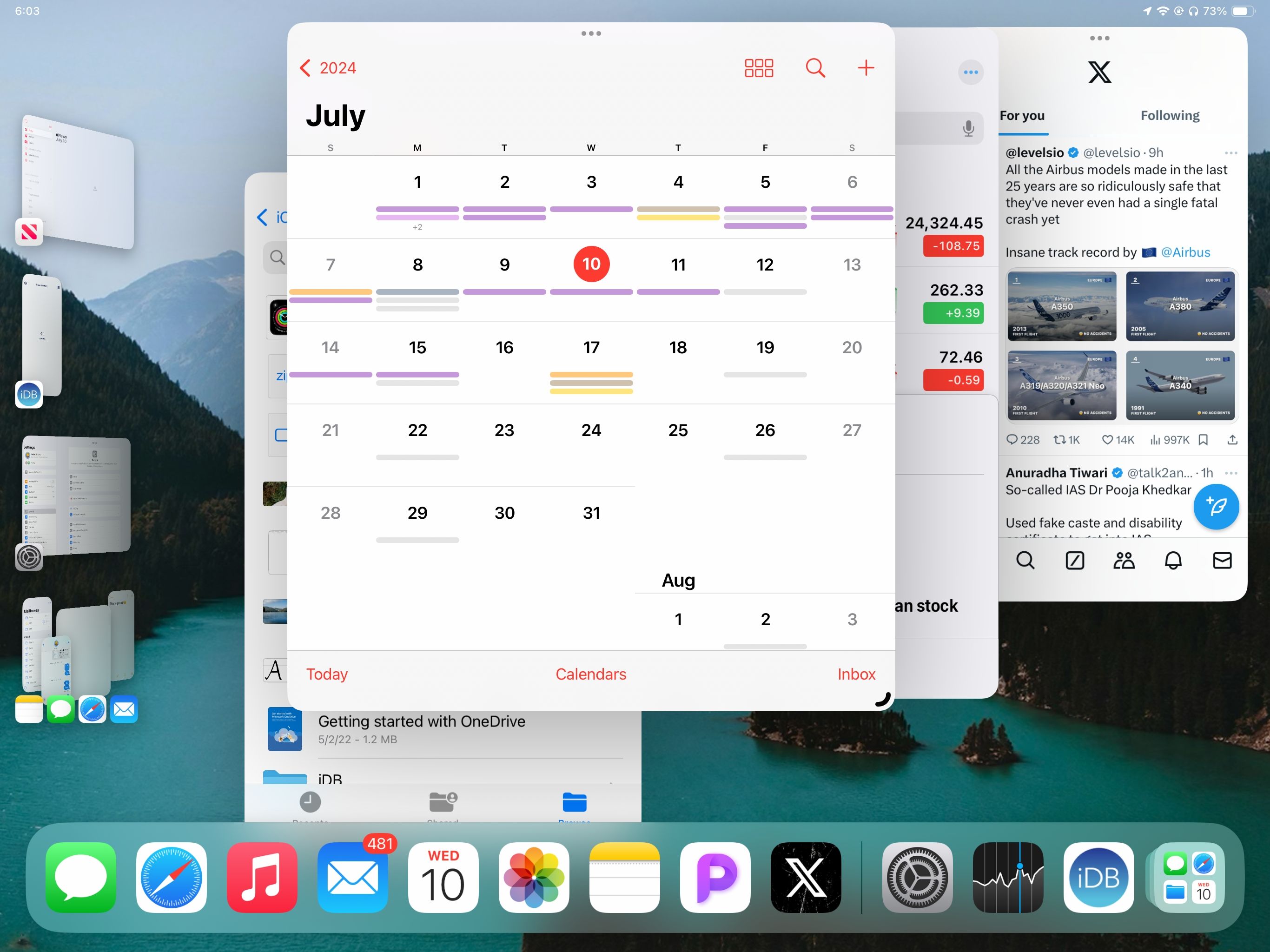 Stage Manager on iPad with the Calendar, Stocks, Files and X apps multitasking concurrently.