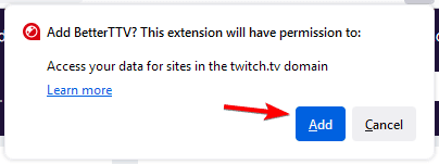 Подтвердить добавление BetterTTV в Firefox
