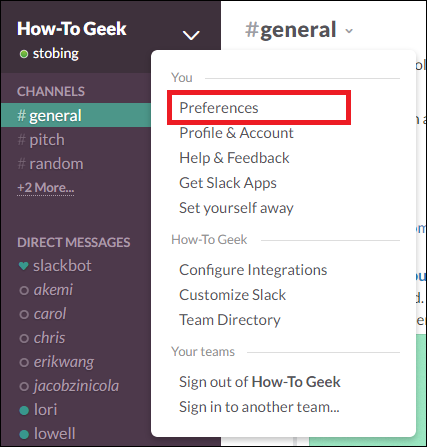 Боковая панель Slack с каналами, разделами и быстрыми ссылками