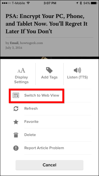 Меню статьи с переключением на веб‑просмотр и другими опциями