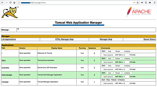 Manager Tomcat — страница приложений