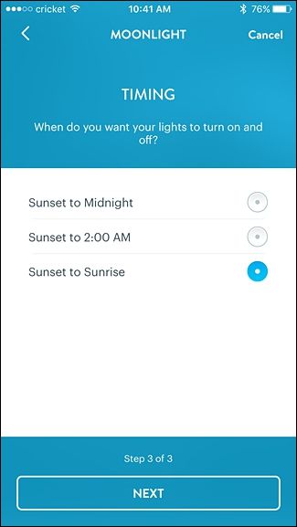 Параметры включения/выключения: при закате, при восходе, или по времени
