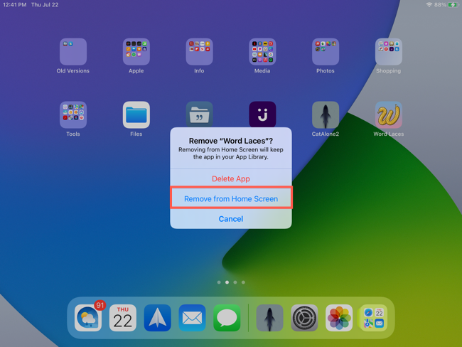 Выбор Удалить с Домашнего экрана