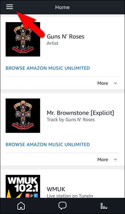 Скриншот боковой навигации приложения Alexa со списком пунктов меню