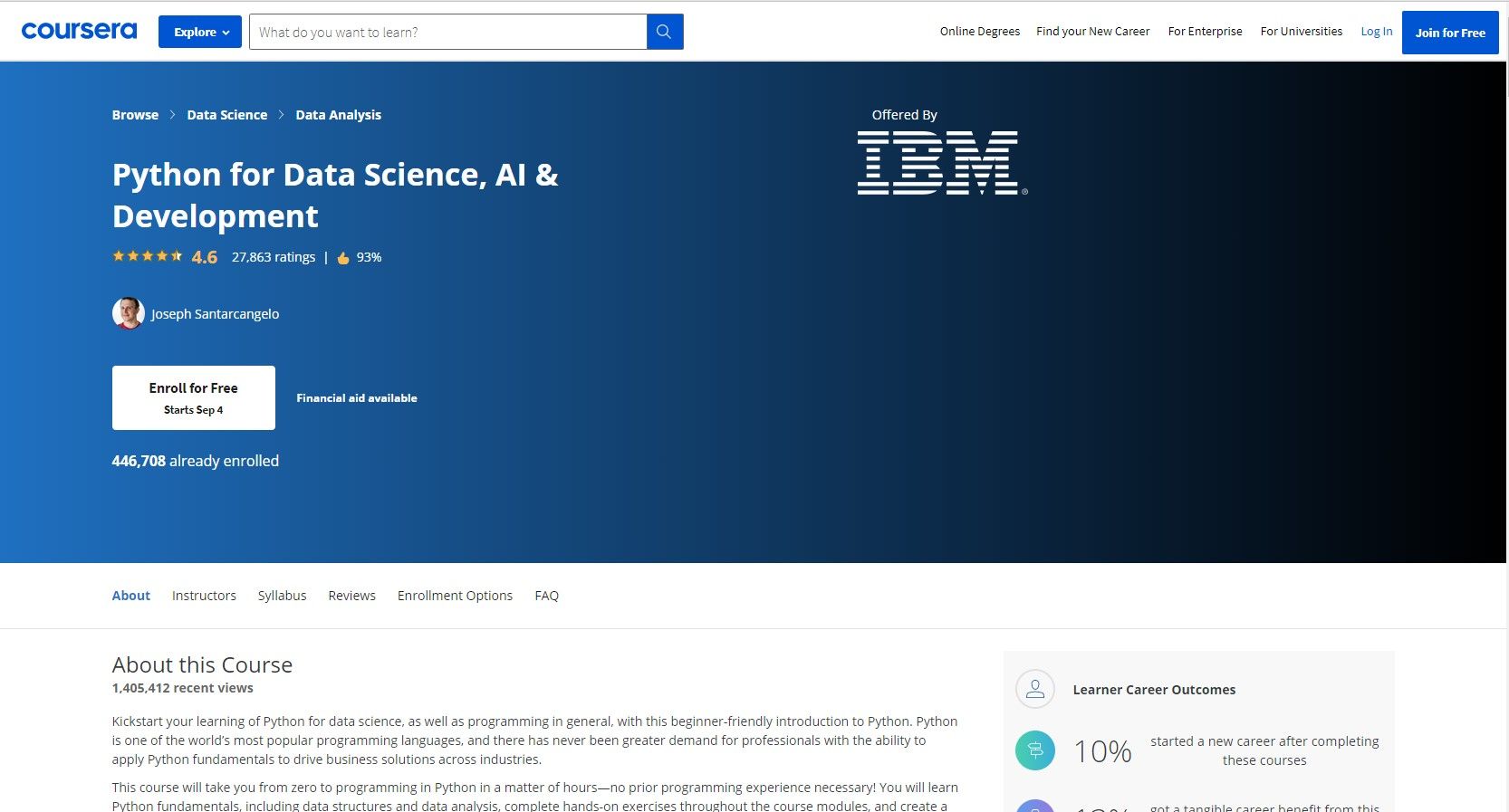 Страница Coursera: курс Python for Data Science, AI & Development от IBM