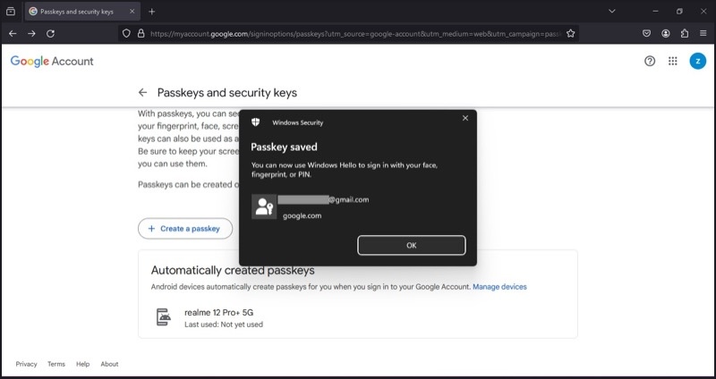 Подтверждение сохранения ключа доступа в Windows 11