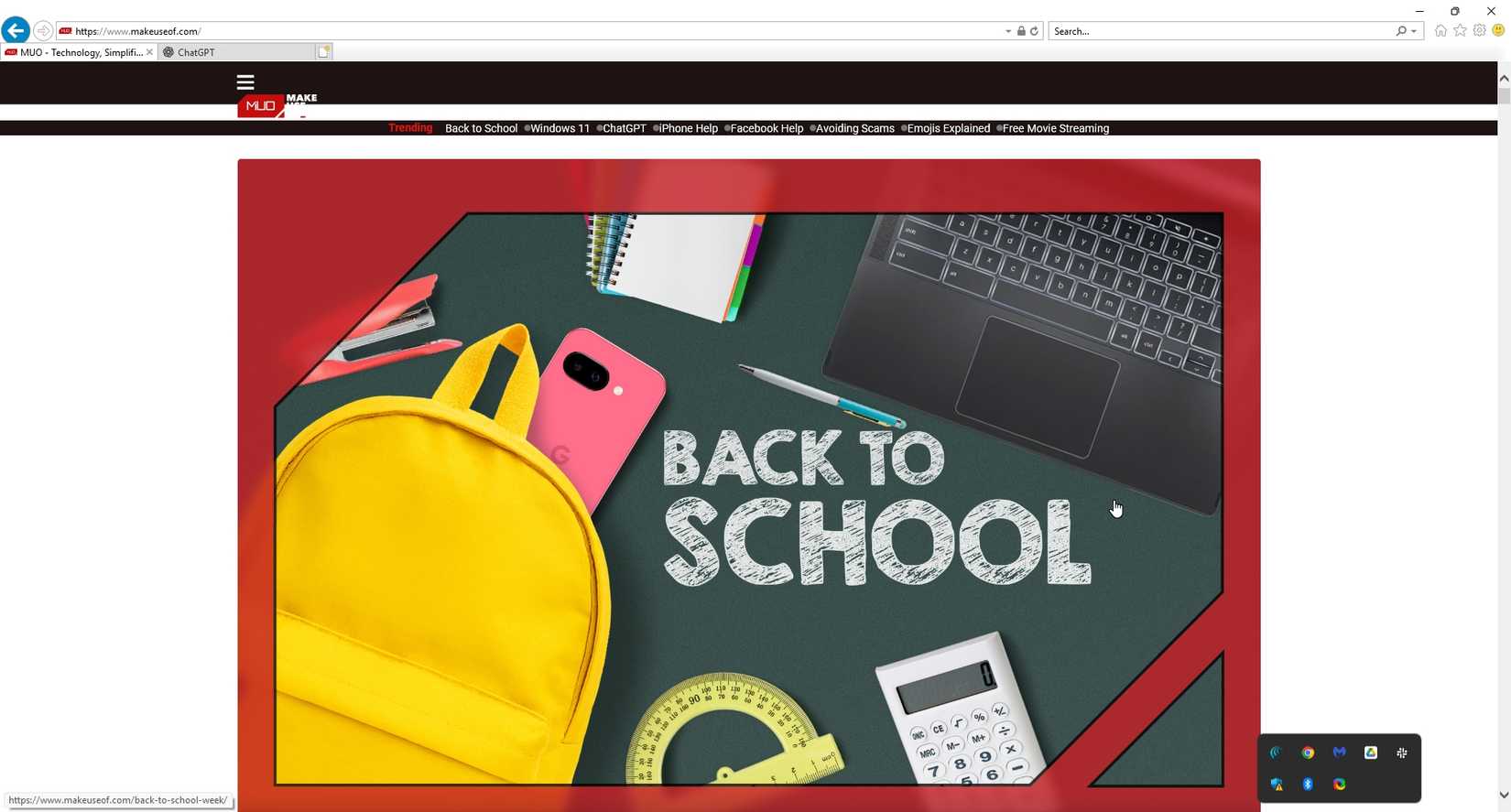 Главная страница MakeUseOf в Internet Explorer на Windows 11