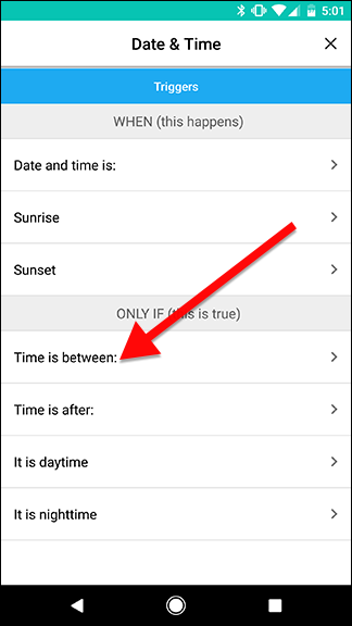 Выбор Time is between в Date & Time