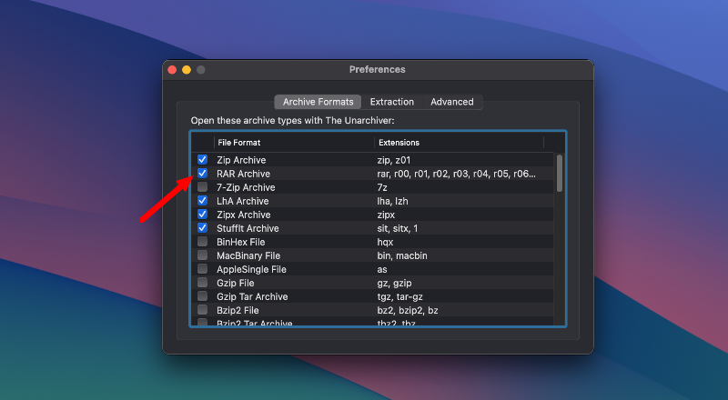 Настройка форматов в The Unarchiver