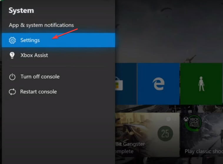Меню настроек в интерфейсе Xbox