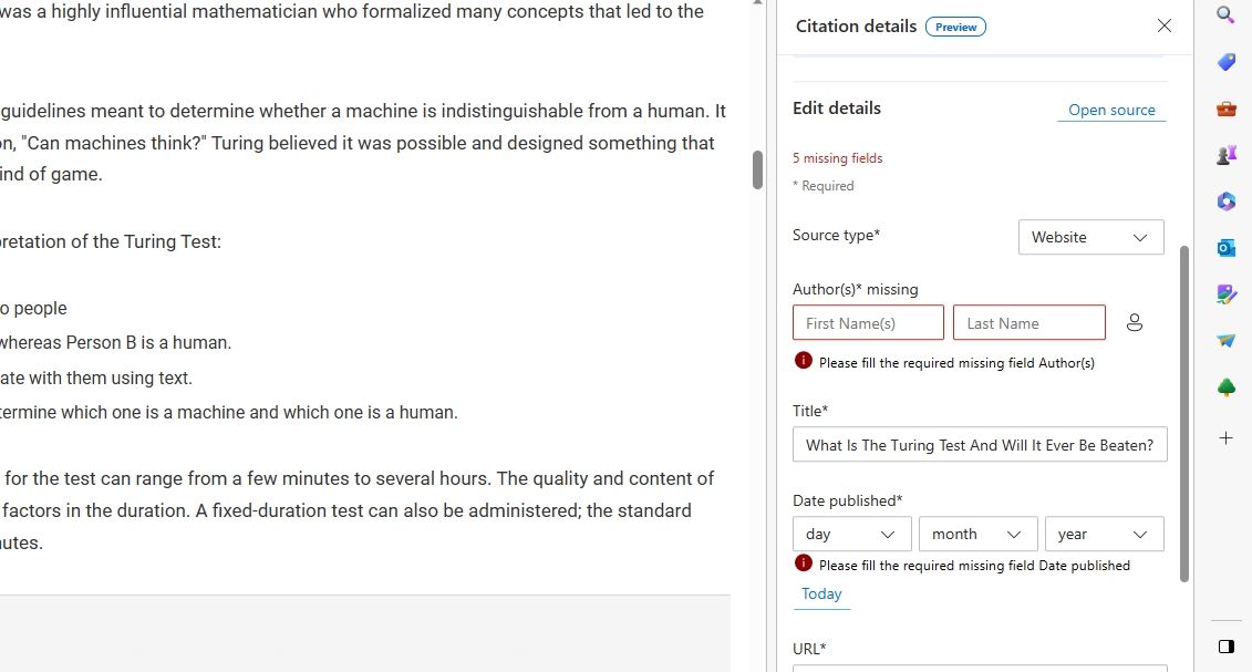 Форма для ввода деталей цитаты в Edge