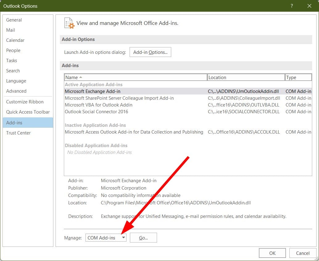 Выбор COM‑надстроек в Outlook