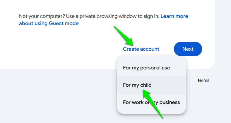 Опция создания детского Google аккаунта