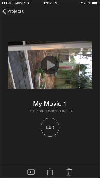 Экран iMovie: опция 'Сохранить видео'