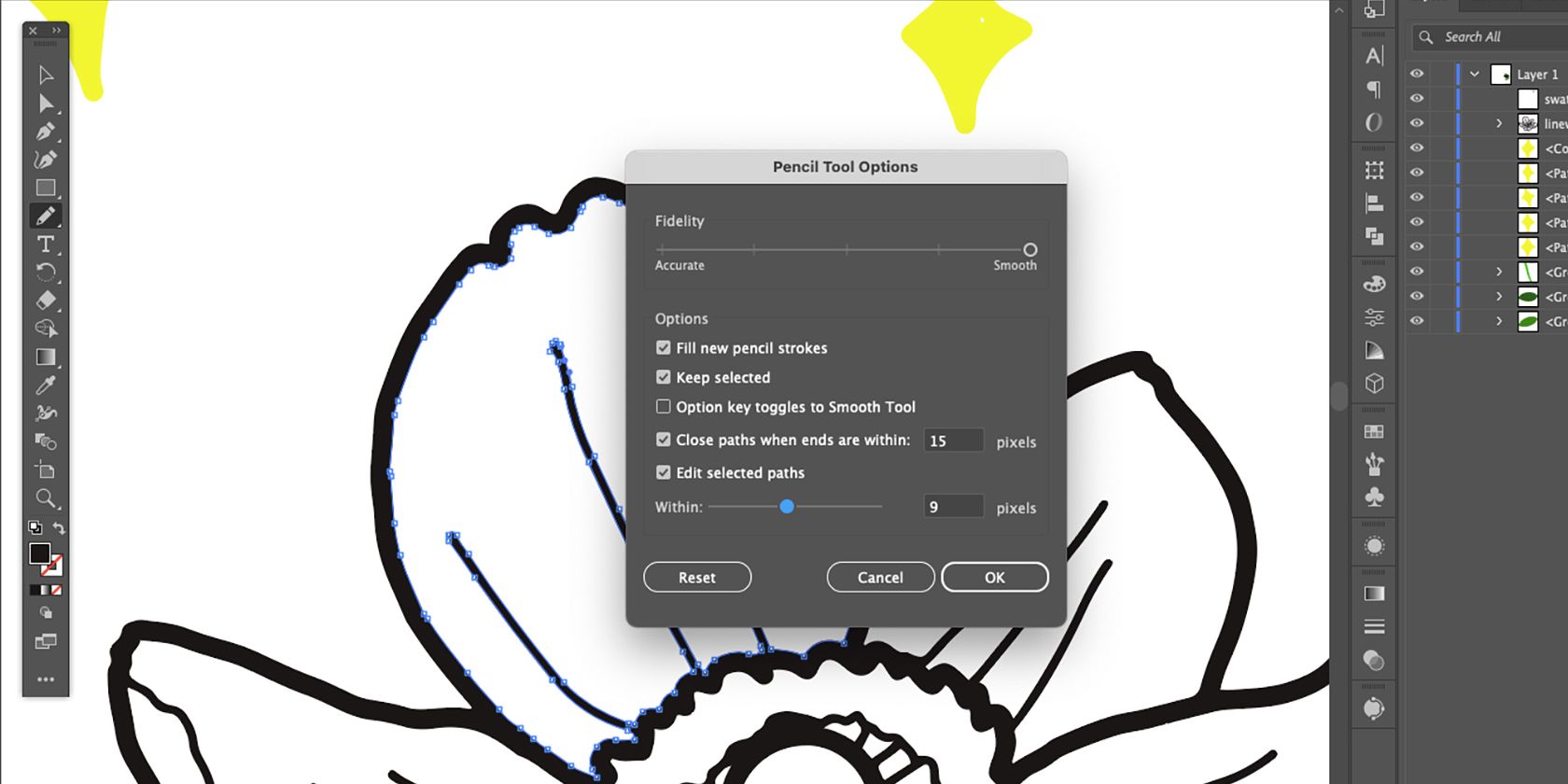 Инструмент Pencil в панели инструментов Illustrator.