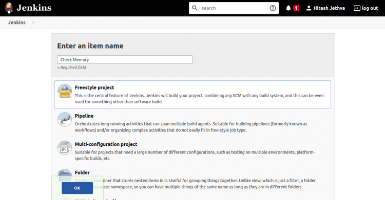 Создание проекта Jenkins — ввод имени