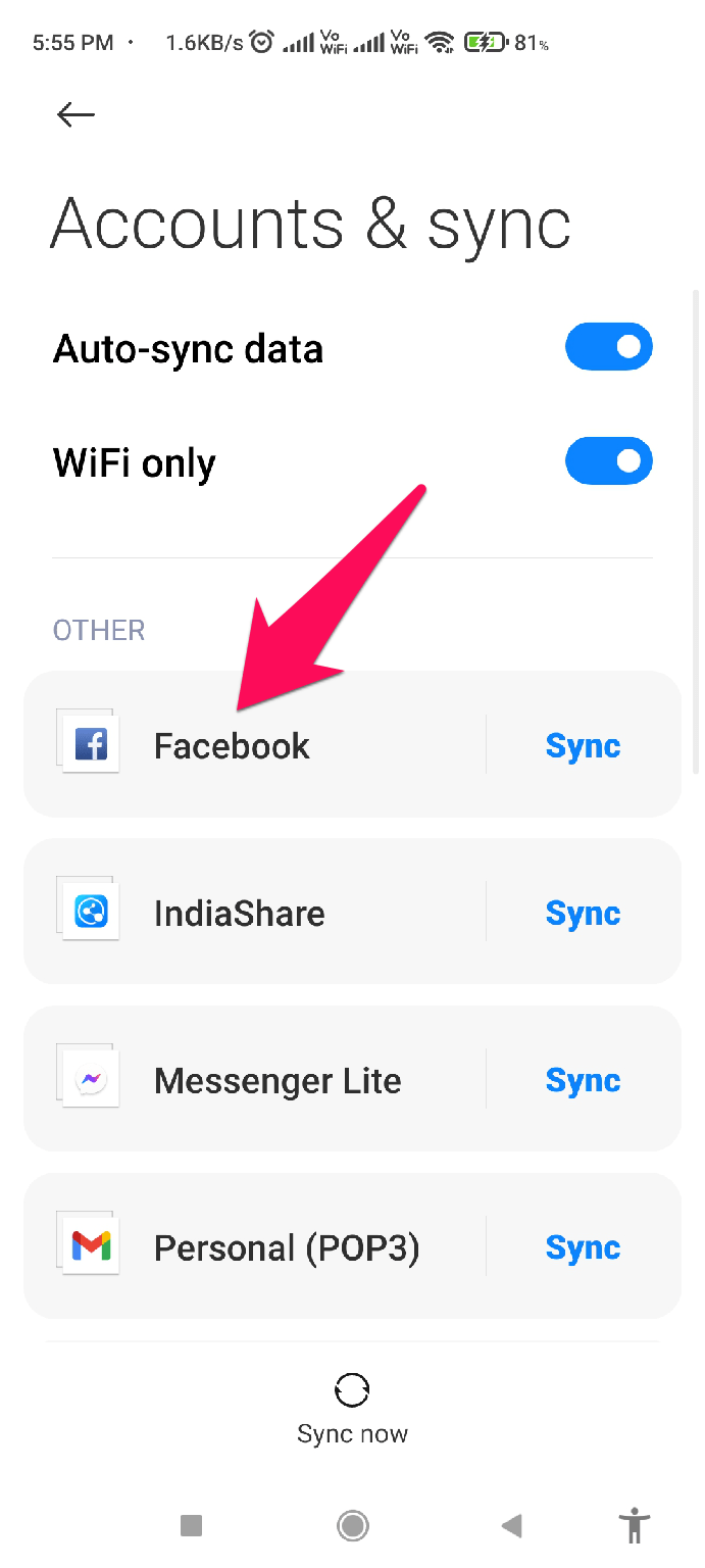 Опция включения синхронизации для Facebook