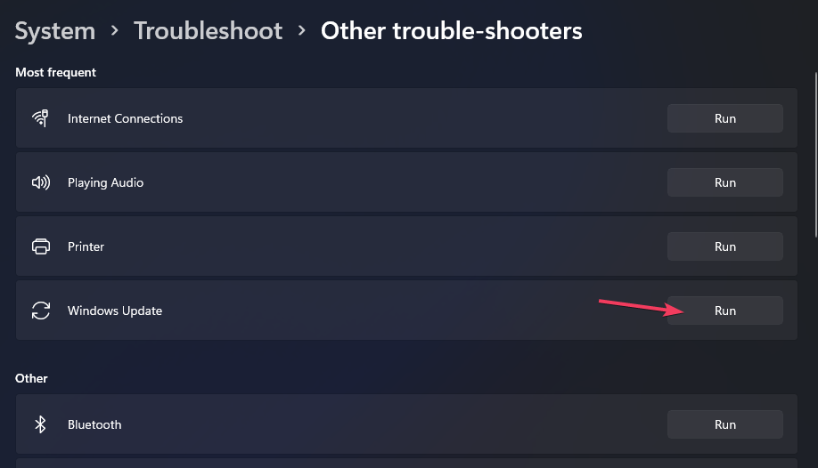 Кнопка Запустить для Центра обновления Windows