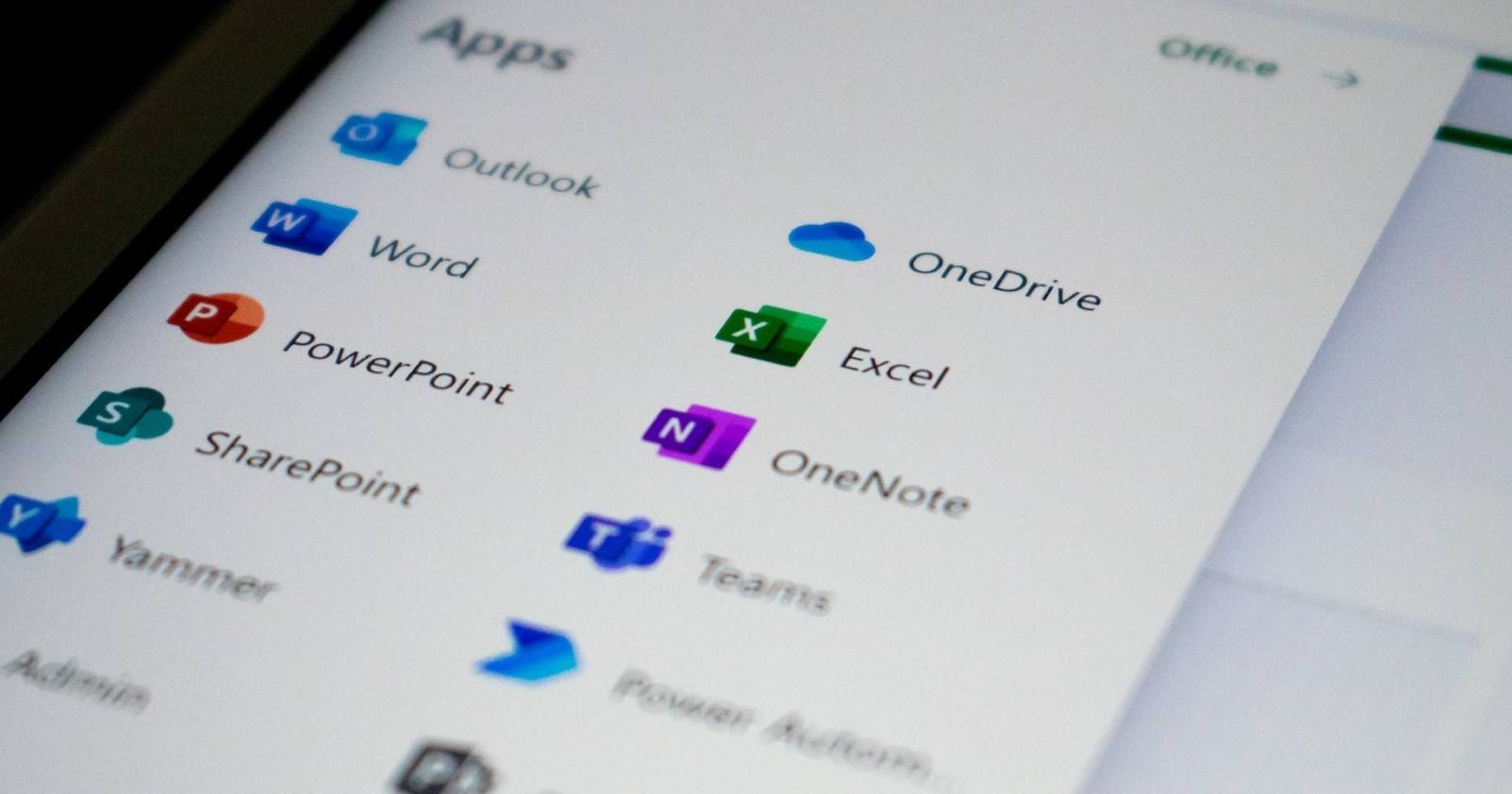 A close up of Office apps on a screen