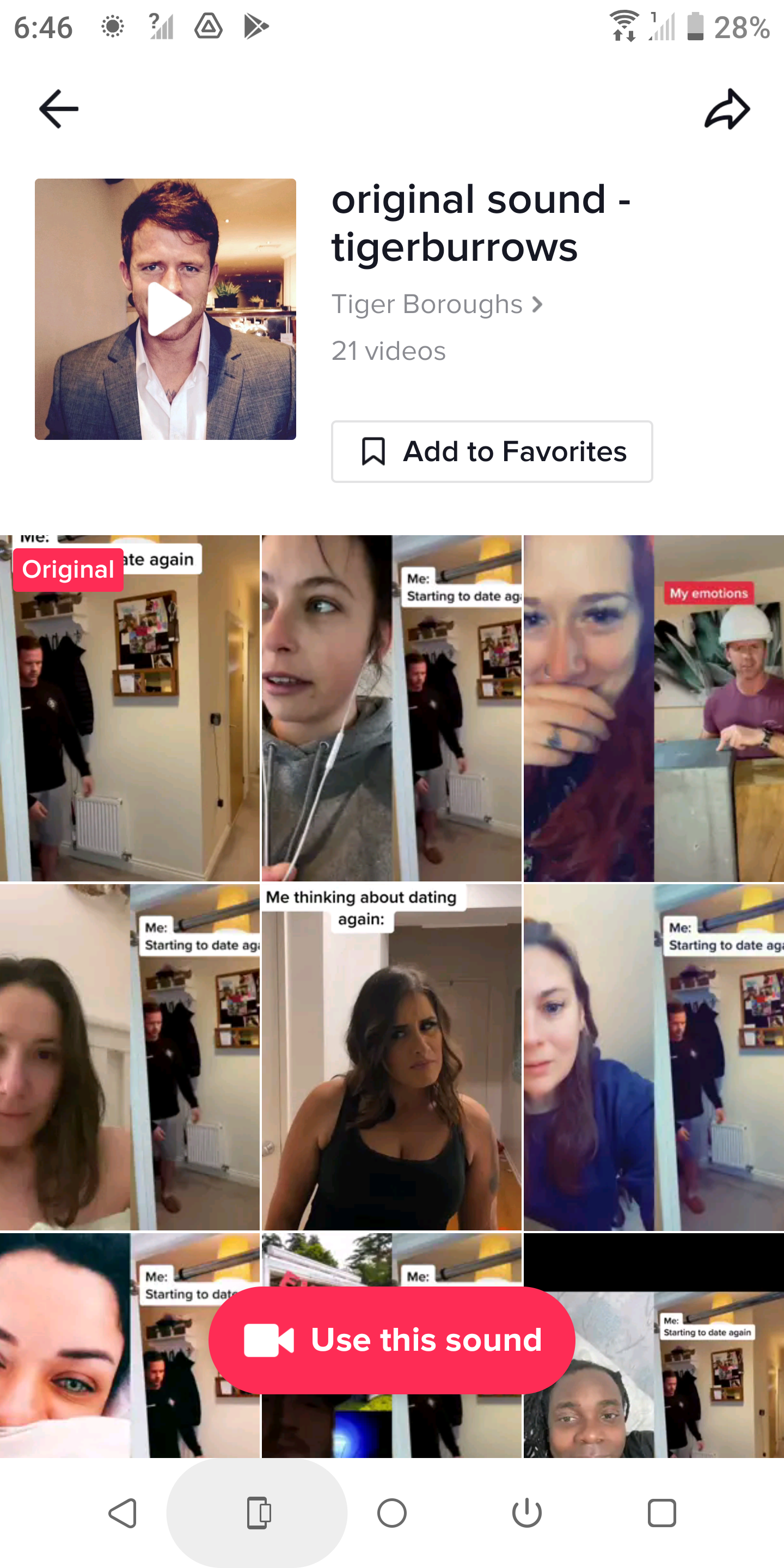 Страница звука в TikTok с похожими видео, где можно найти версию с возможностью сохранения