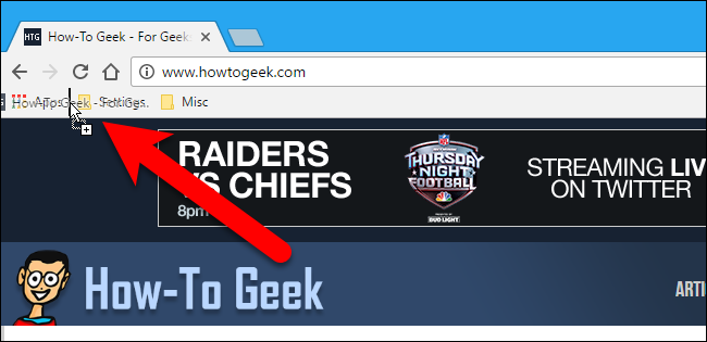 Перетаскивание значка страницы на панель закладок