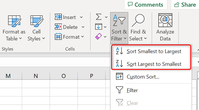 Выбор Sort & Filter > Sort Smallest to Largest в ленте