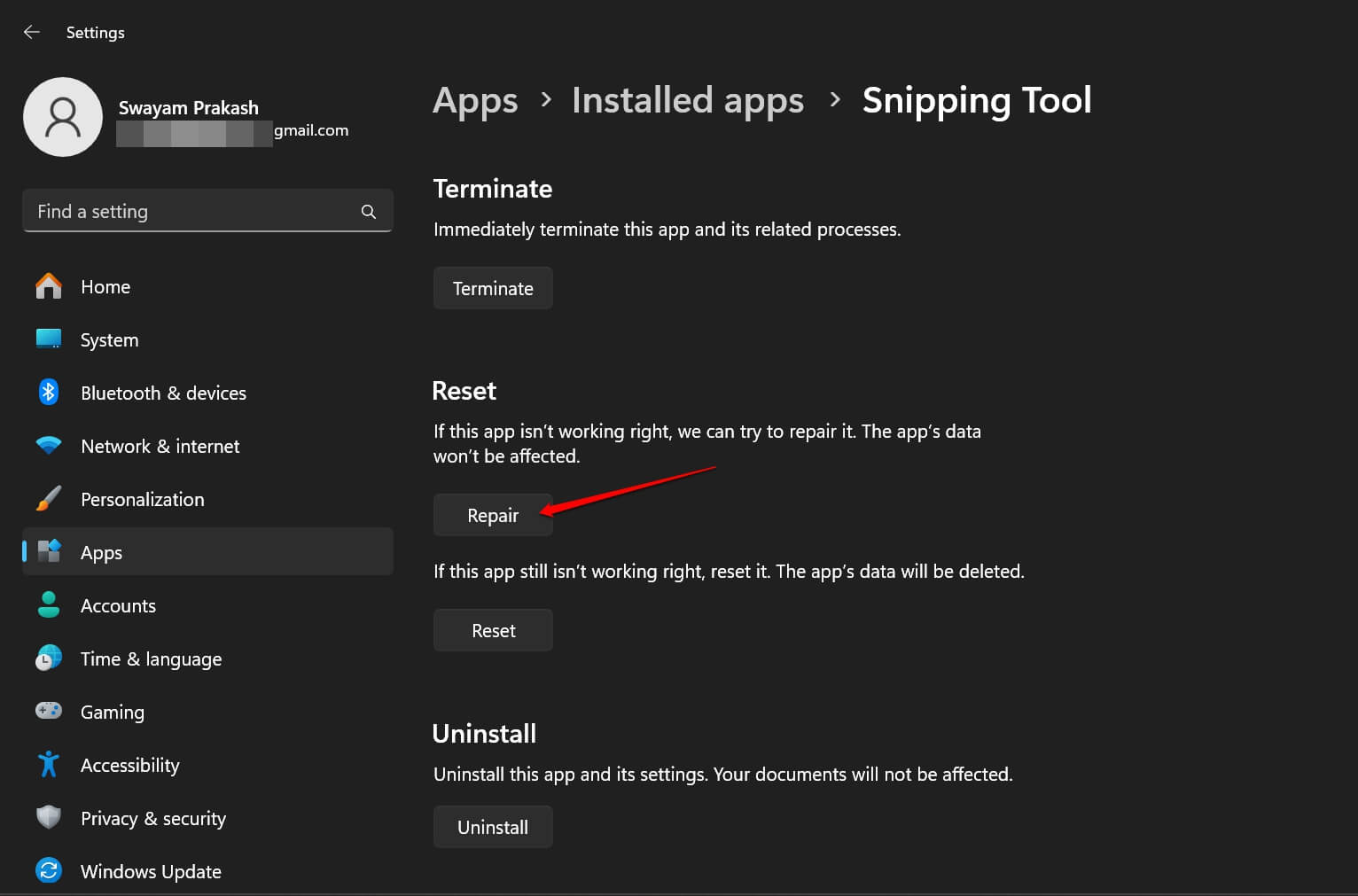Кнопка восстановления Snipping Tool