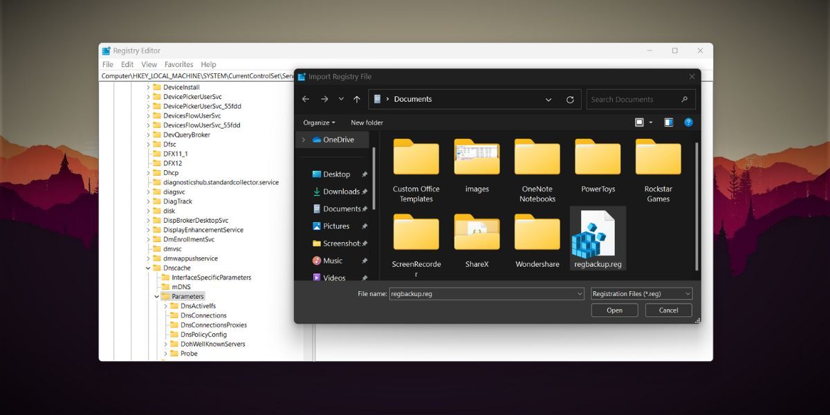 Импорт резервной копии реестра в Windows 11