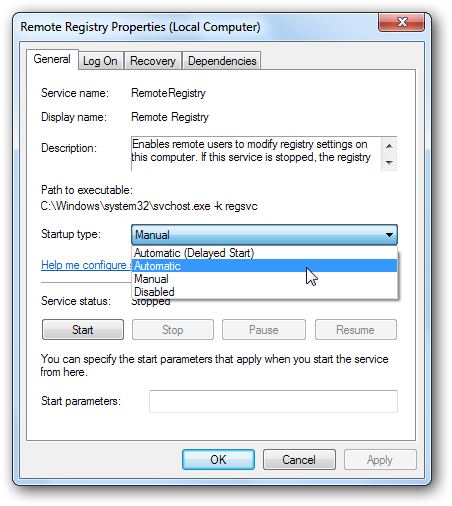 Настройка запуска службы и кнопка Запустить