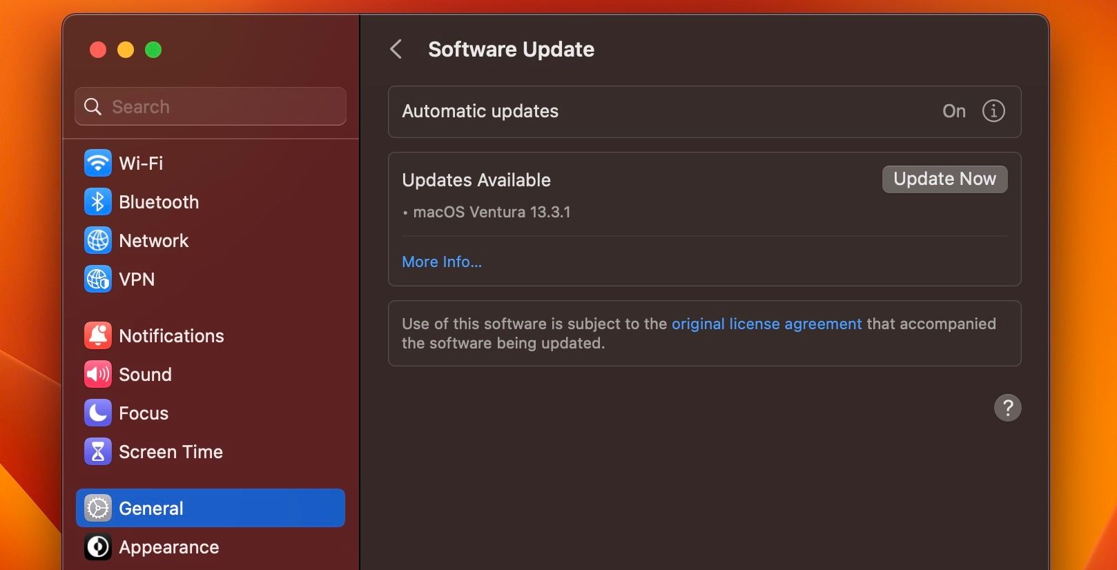Меню «Обновление ПО» в macOS Ventura