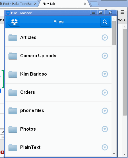 Список файлов в EasyDrop с опциями для файла и папки