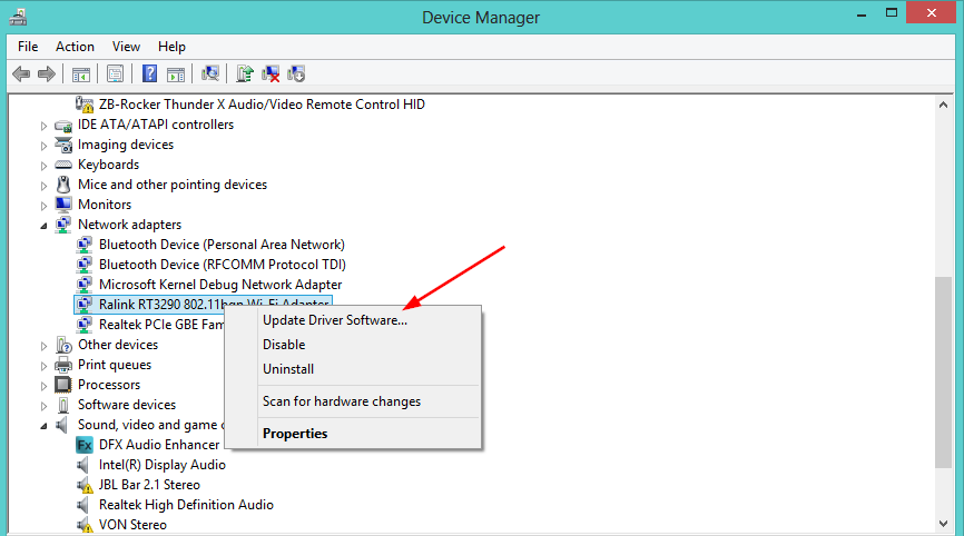 Обновление драйвера сетевого адаптера