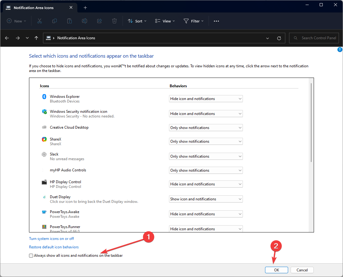 Окно параметров области уведомлений с опцией всегда отображать все значки