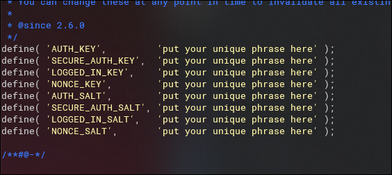 Пример содержимого wp-config: вставка секретных ключей и настроек базы данных