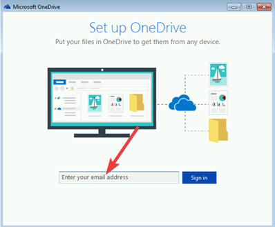 Окно входа в OneDrive для подключения учётной записи Microsoft