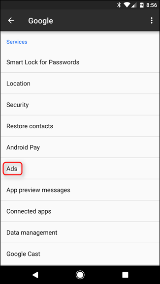 Пункт Реклама в настройках сервиса Google на Android