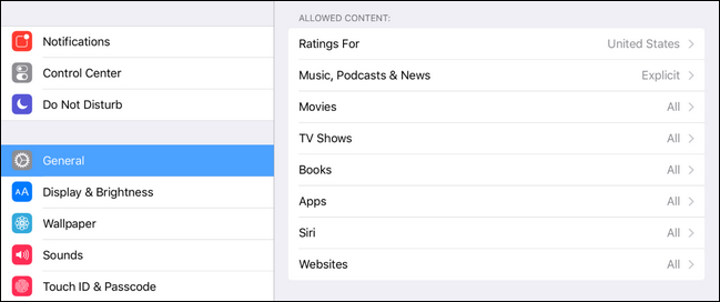Настройки допустимого контента — ограничение по возрасту