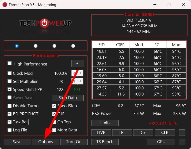 Снимок: меню Options в ThrottleStop