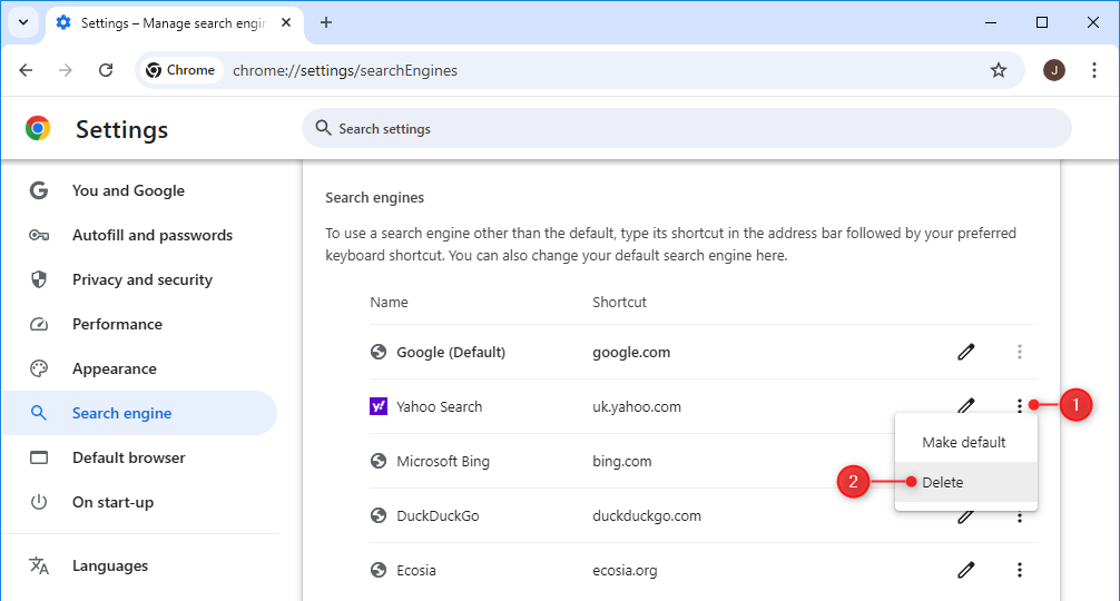 Удаление поисковой системы из списка в Google Chrome на рабочем столе
