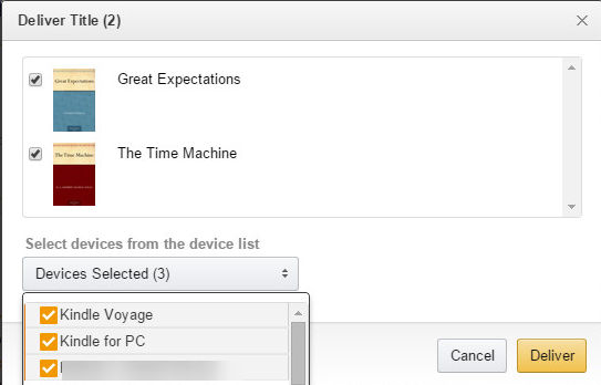 Список контента и выбор устройства доставки на Amazon