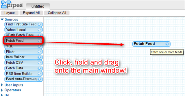 Модуль 'Fetch Feed' в интерфейсе Yahoo Pipes