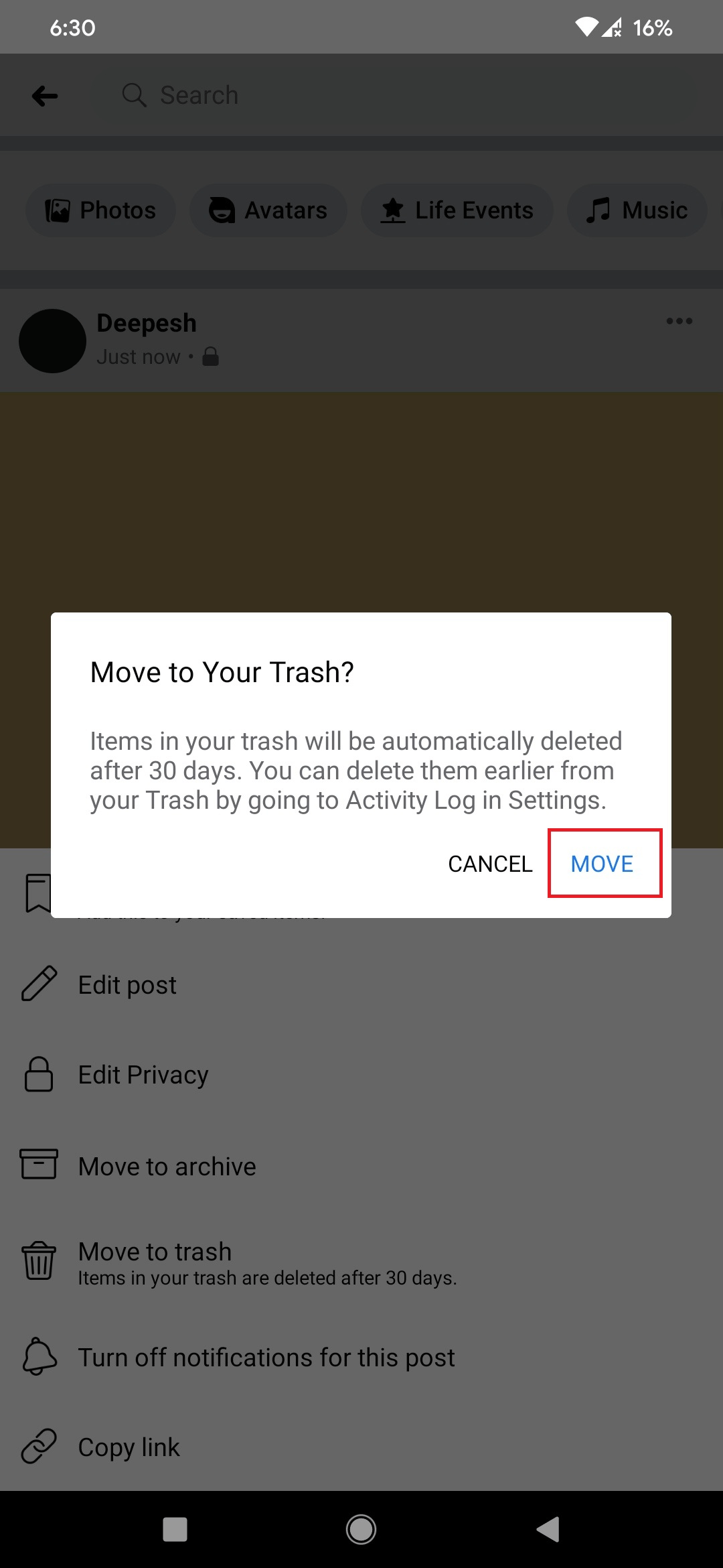 Перенос публикации в корзину в приложении Facebook
