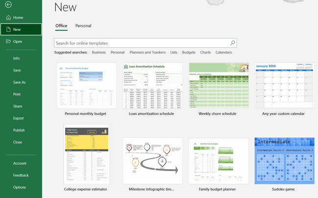 Область шаблонов в настольной версии Excel