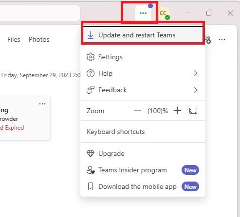 Schermata delle impostazioni di aggiornamento di Teams su desktop