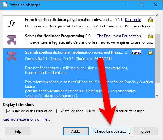Кнопка Проверить обновления в Диспетчере расширений