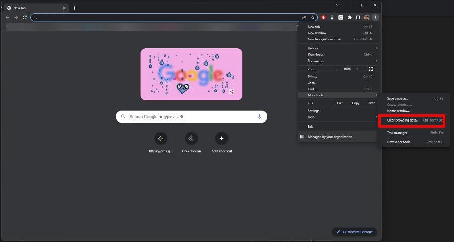 меню Дополнительные инструменты и очистка данных просмотра