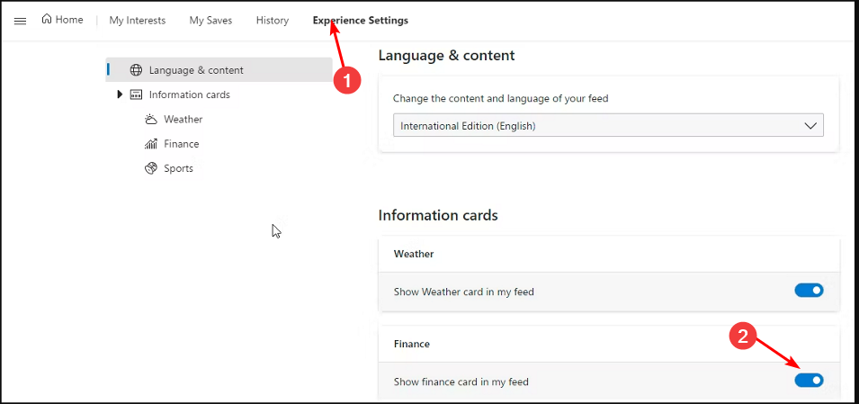 Настройки опыта: карточка Финансы и опция показа в ленте