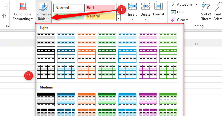 Пункт меню Формат как таблицу в Excel открыт.