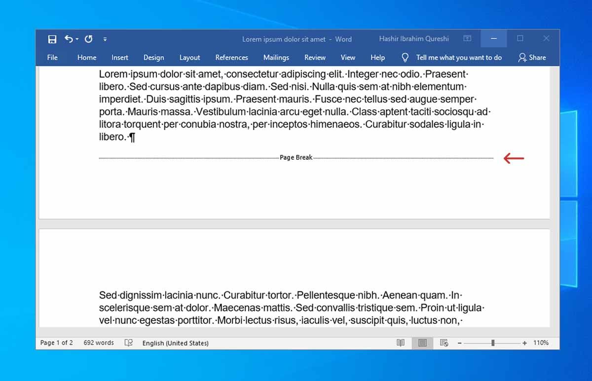 Разрыв страницы в MS Word помечен специальным маркером