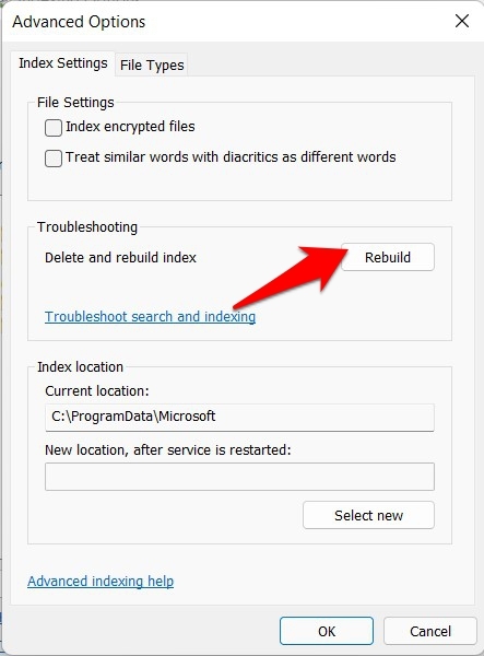 Перестроение индекса поиска Windows 11